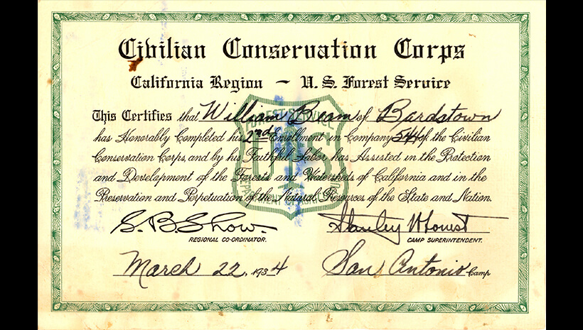 Certificado do Corpo Civil de Conservação para Carl Beam – 22 de março de 1934.	