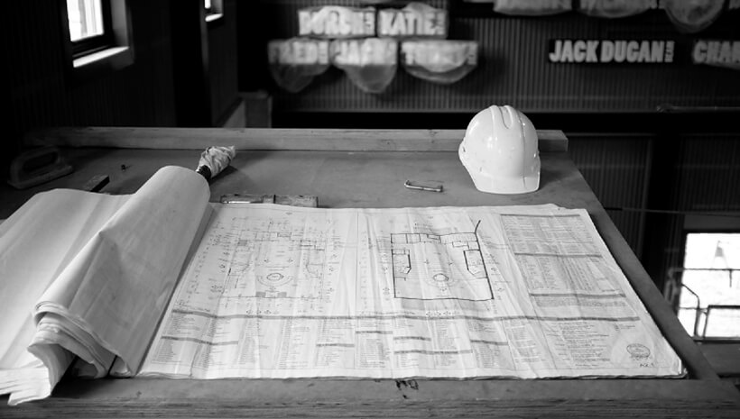 O plano de construção da Jim Beam American Stillhouse.	